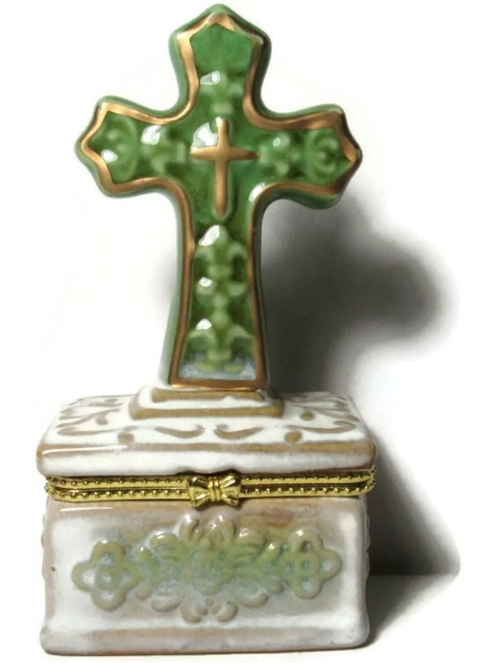 Trinket Box Celtic Cross Ceramic Religious Christian Hinged Irish St Patricks